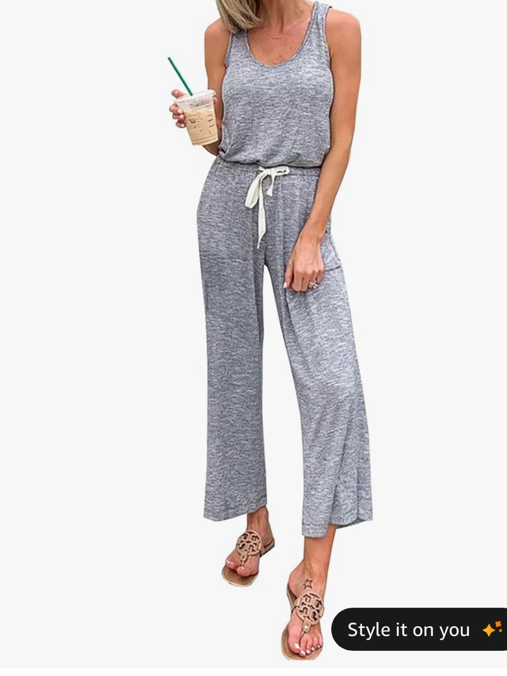 Sleeveless Heather Gray Wide-Leg Drawstring Jumpsuit
